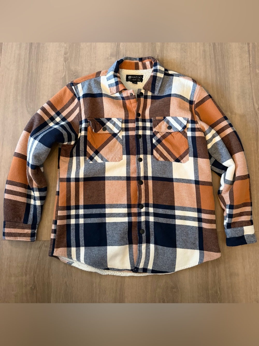 Matix Men’s Large Sherpa Jacket, Navy Orange, Cream Plaid Sherpa-Lined Jacket